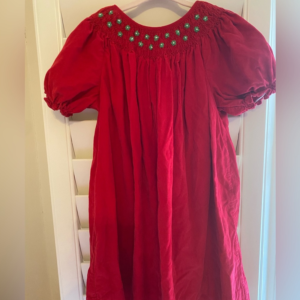 Red, corduroy smocked dress, size 3t